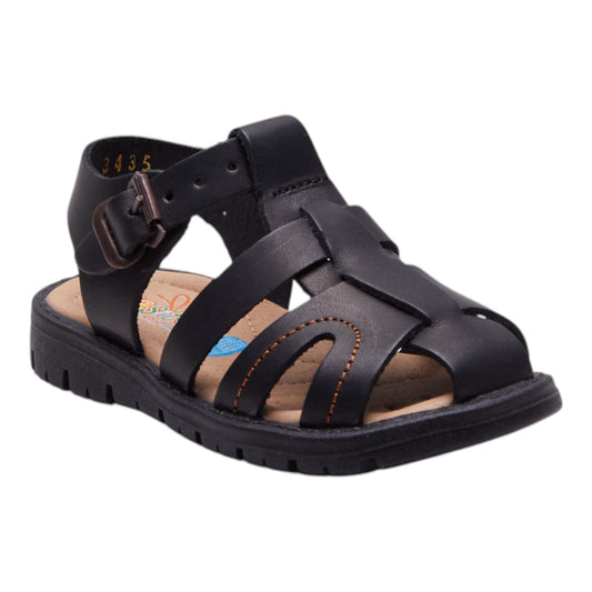 Sandalias para niño en material tipo piel color negro con hebilla ajustable, soporte en tobillo, costuras decorativas y suela confort antiderrapante dv2925