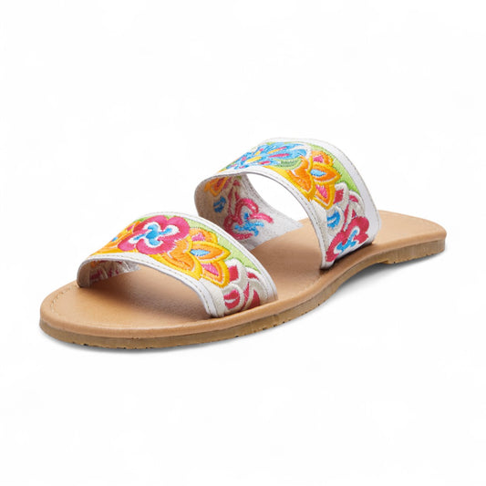 Sandalias planas para dama con diseño floral bordado en tiras, punta abierta y talón descubierto dv2925