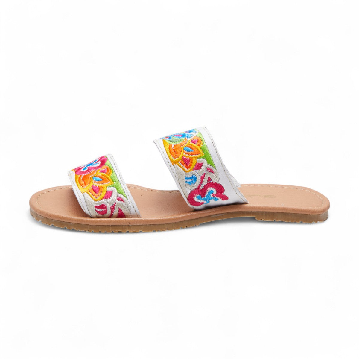 Sandalias planas para dama con diseño floral bordado en tiras, punta abierta y talón descubierto dv2925