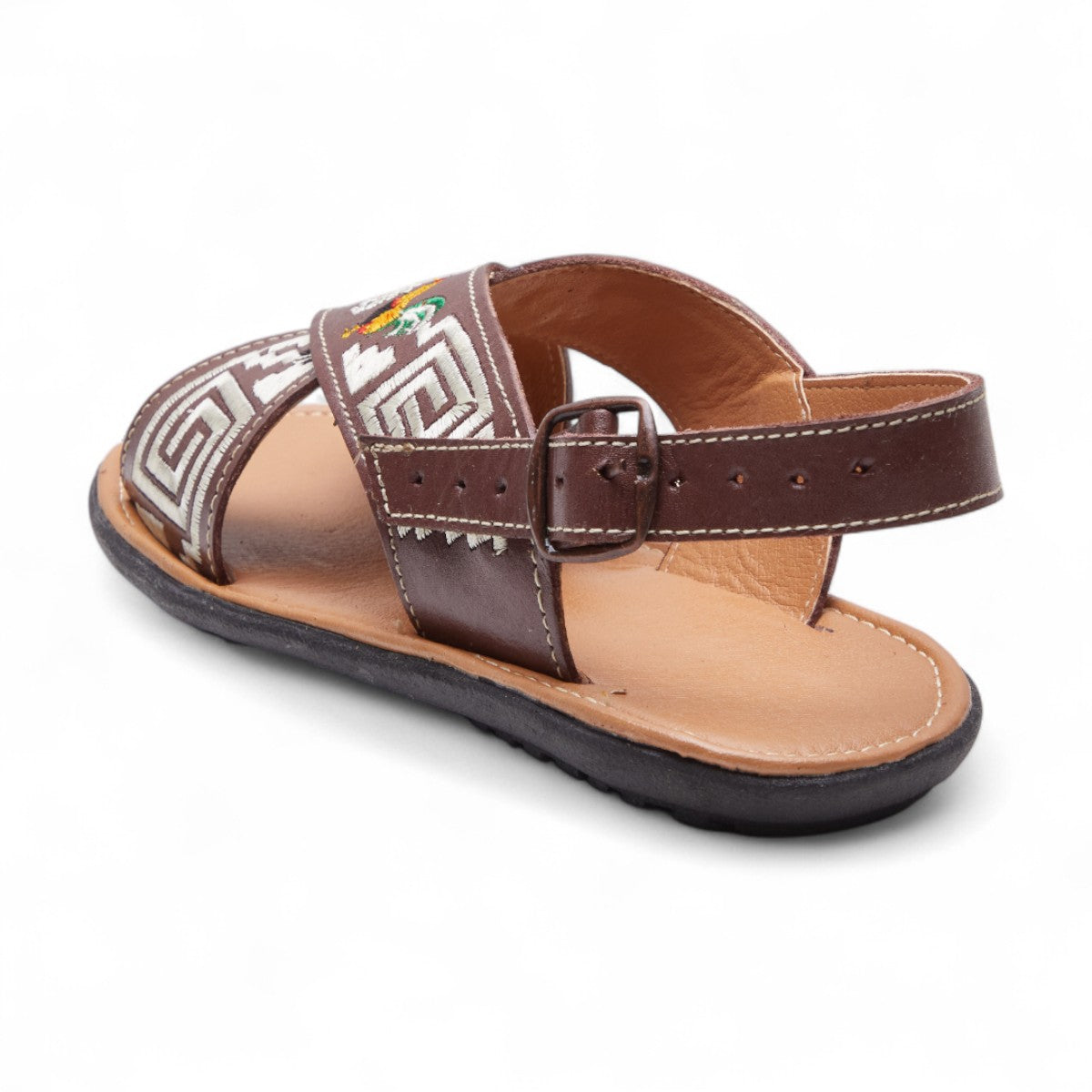 Sandalias planas de piel para dama con diseño cruzado, bordado geométrico blanco y gallos bordados coloridos dv2925