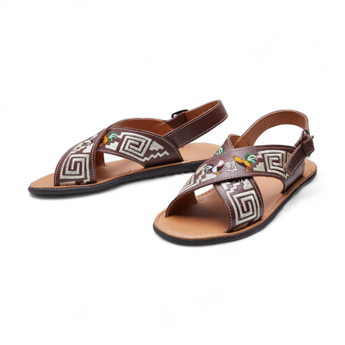 Sandalias planas de piel para dama con diseño cruzado, bordado geométrico blanco y gallos bordados coloridos dv2925