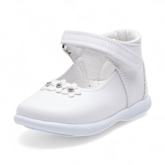 Zapatos para niña color blanco tipo piel con punta redonda, tira ajustable, suela antiderrapante y flores 3D decorativas dv2925