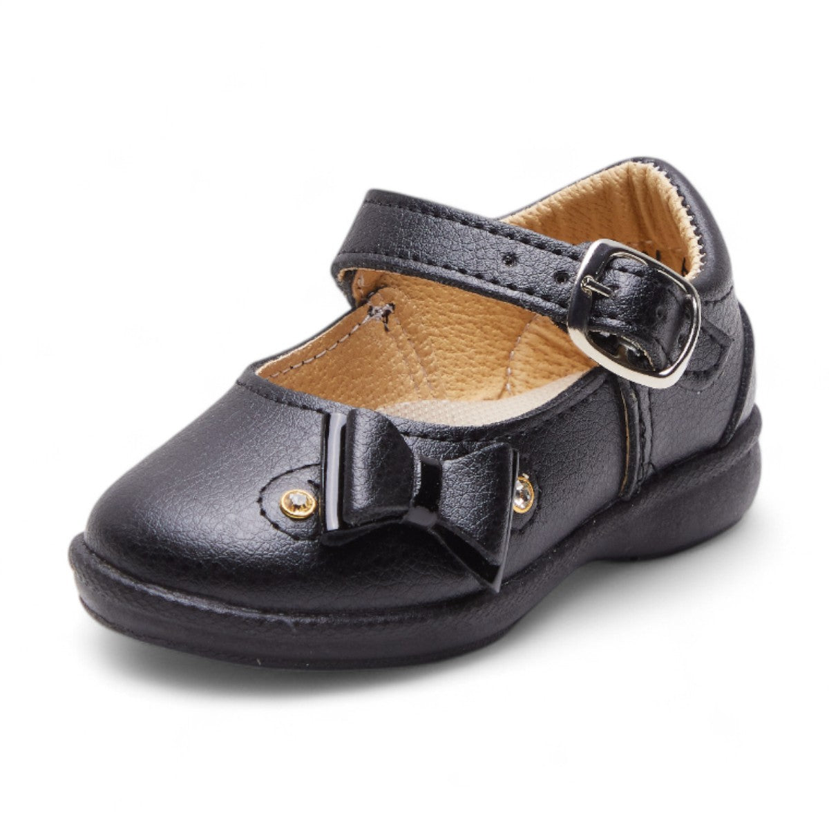 Zapatos formales para niña 100% piel con punta redonda, hebilla funcional, moño 3D decorativo y brillantes, talón cerrado y diseño elegante dv2925