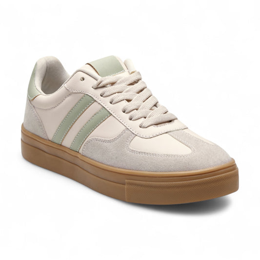 Tenis casuales para dama en mezcla textil tipo piel y aterciopelado con líneas laterales en contraste y agujetas funcionales color beige dv2925