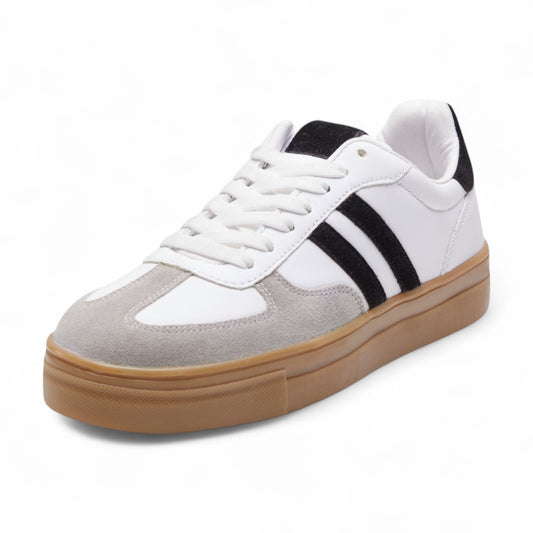 Tenis casuales para dama en mezcla textil tipo piel y aterciopelado con líneas laterales en contraste y agujetas funcionales color blanco dv2925