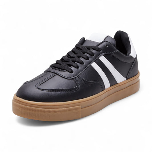 Tenis casuales para dama en mezcla textil tipo piel y aterciopelado con líneas laterales en contraste y agujetas funcionales color negro dv2925