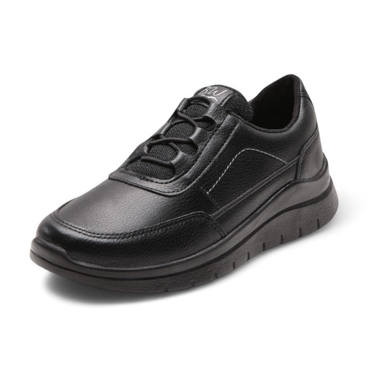 Tenis casuales para dama en material tipo piel con punta redonda, elástico y agujetas elásticas, suela confort y detalles decorativos color negro dv2925
