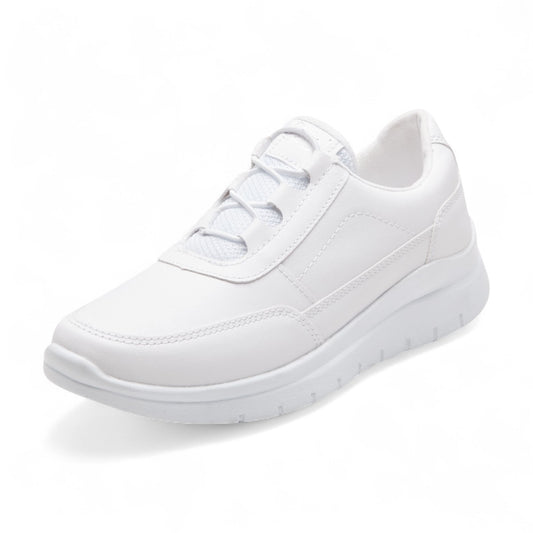 Tenis casuales para dama en material tipo piel con punta redonda, elástico y agujetas elásticas, suela confort y detalles decorativos color blanco dv2925