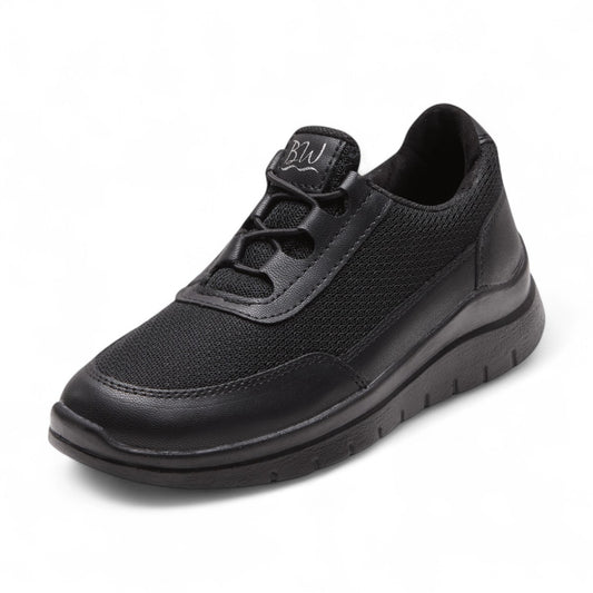 Tenis casuales para dama en mezcla de textil tipo piel y textil transpirable, punta redonda, suela confort y elástico ajustable estilo agujetas color negro dv2925