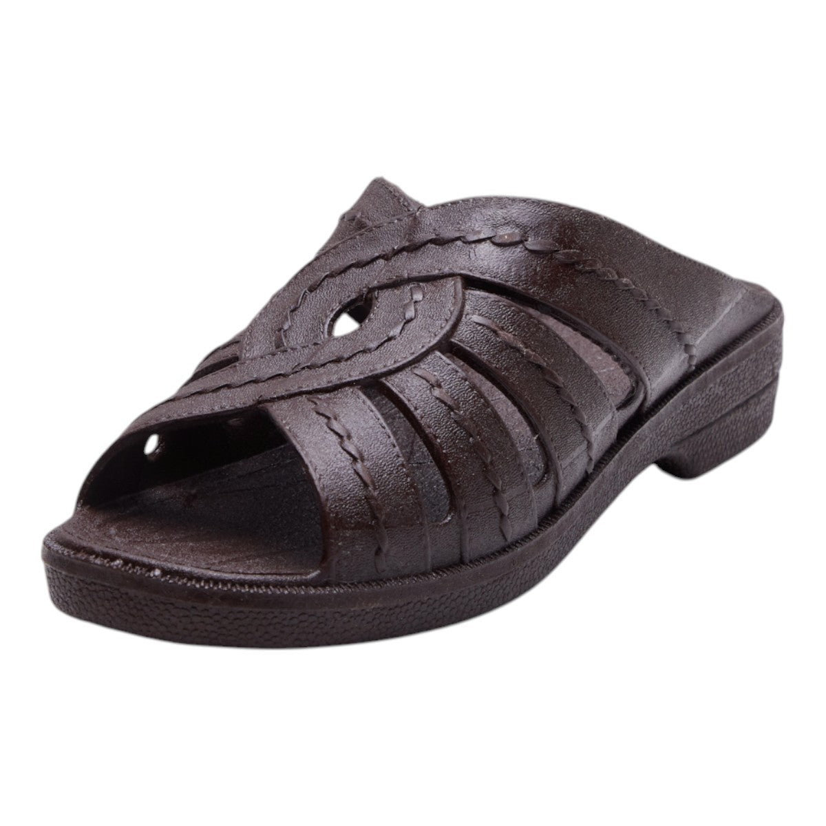 Sandalias de Metedera para Mujer Tipo Piel con Diseño Cruzado y Costuras Decorativas, Sin Talón, Punta Abierta y Tacón Bajo de 2cm Café dv2925