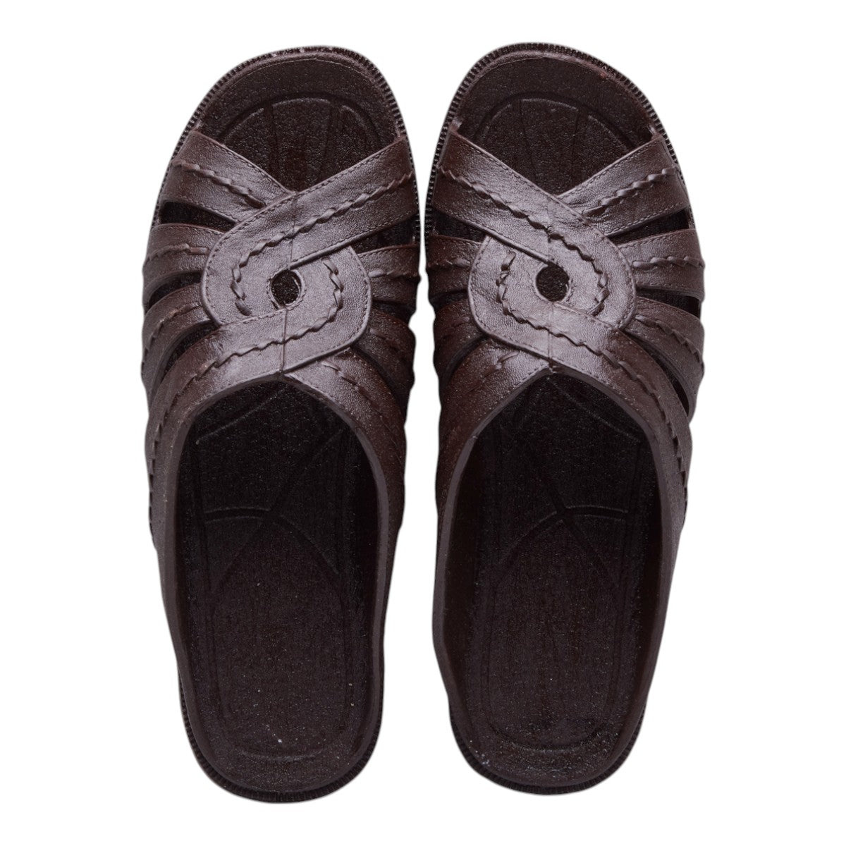 Sandalias de Metedera para Mujer Tipo Piel con Diseño Cruzado y Costuras Decorativas, Sin Talón, Punta Abierta y Tacón Bajo de 2cm Café dv2925