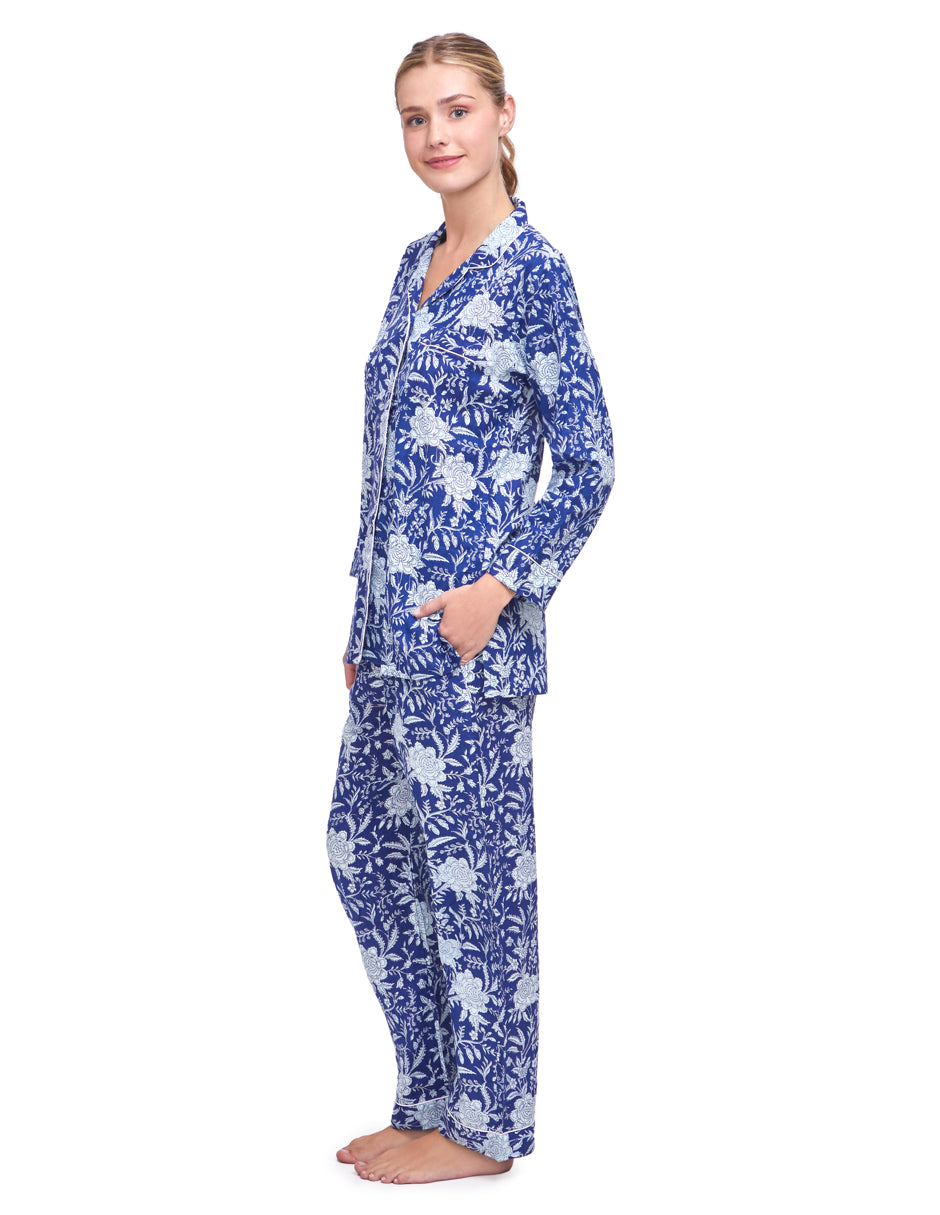 Pijama Algodón Camisa y Pantalón Mujer Estampado Monocromático Azul dv2925