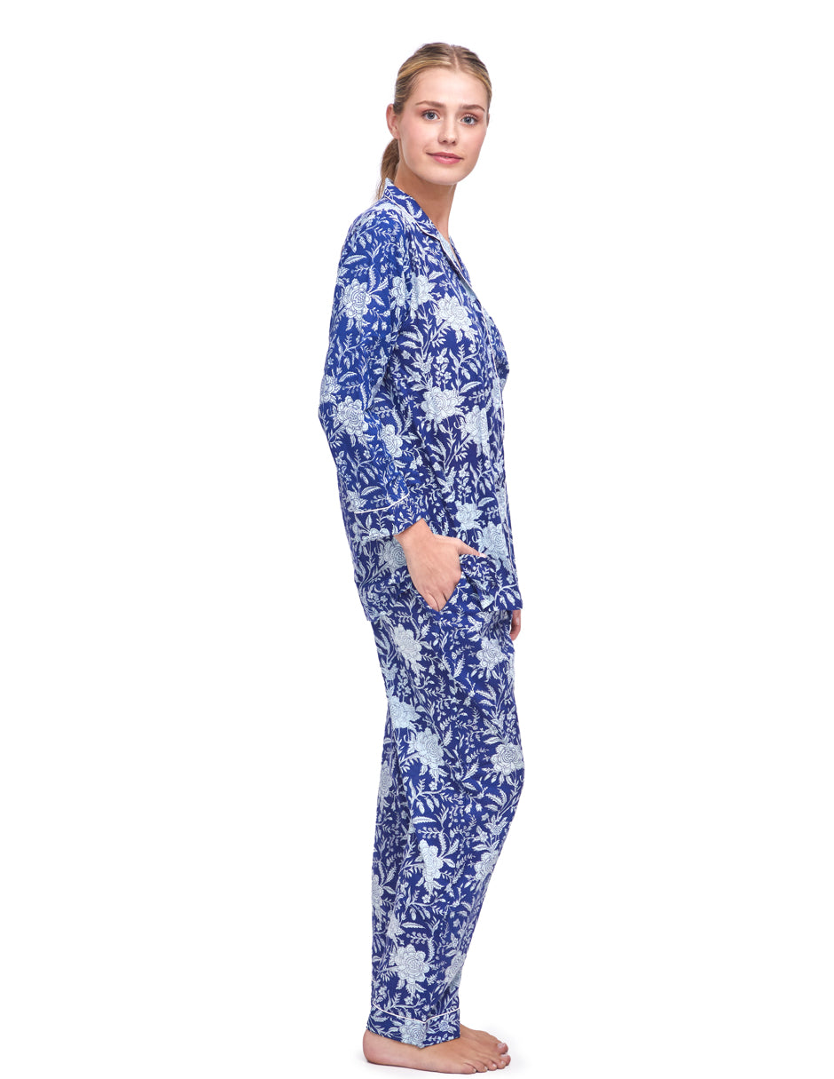 Pijama Algodón Camisa y Pantalón Mujer Estampado Monocromático Azul dv2925