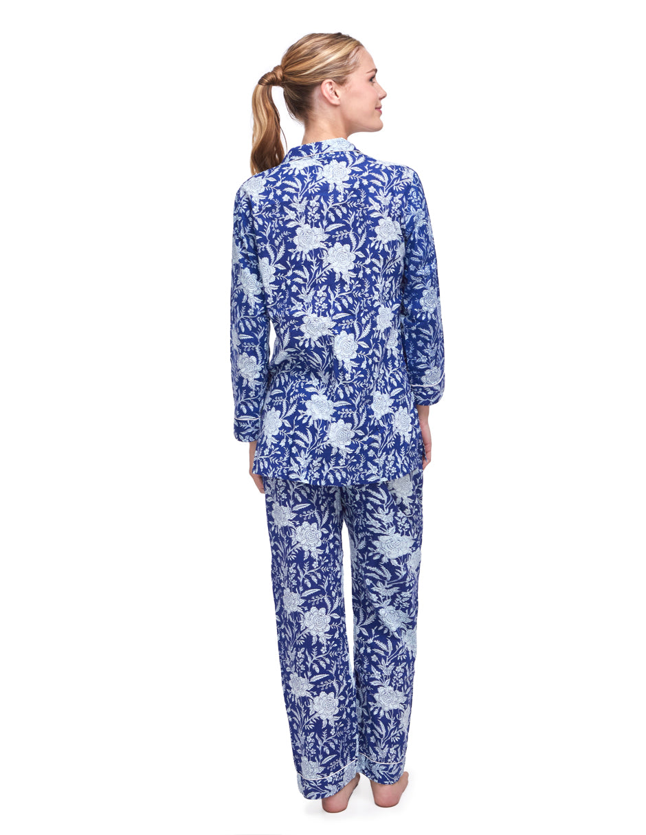 Pijama Algodón Camisa y Pantalón Mujer Estampado Monocromático Azul dv2925