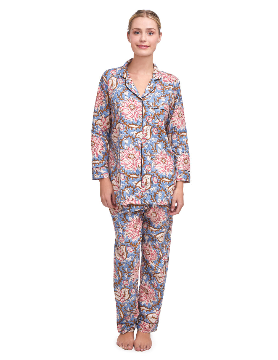 Pijama Algodón Camisa y Pantalón Mujer Estampado Azul y Gris dv2925