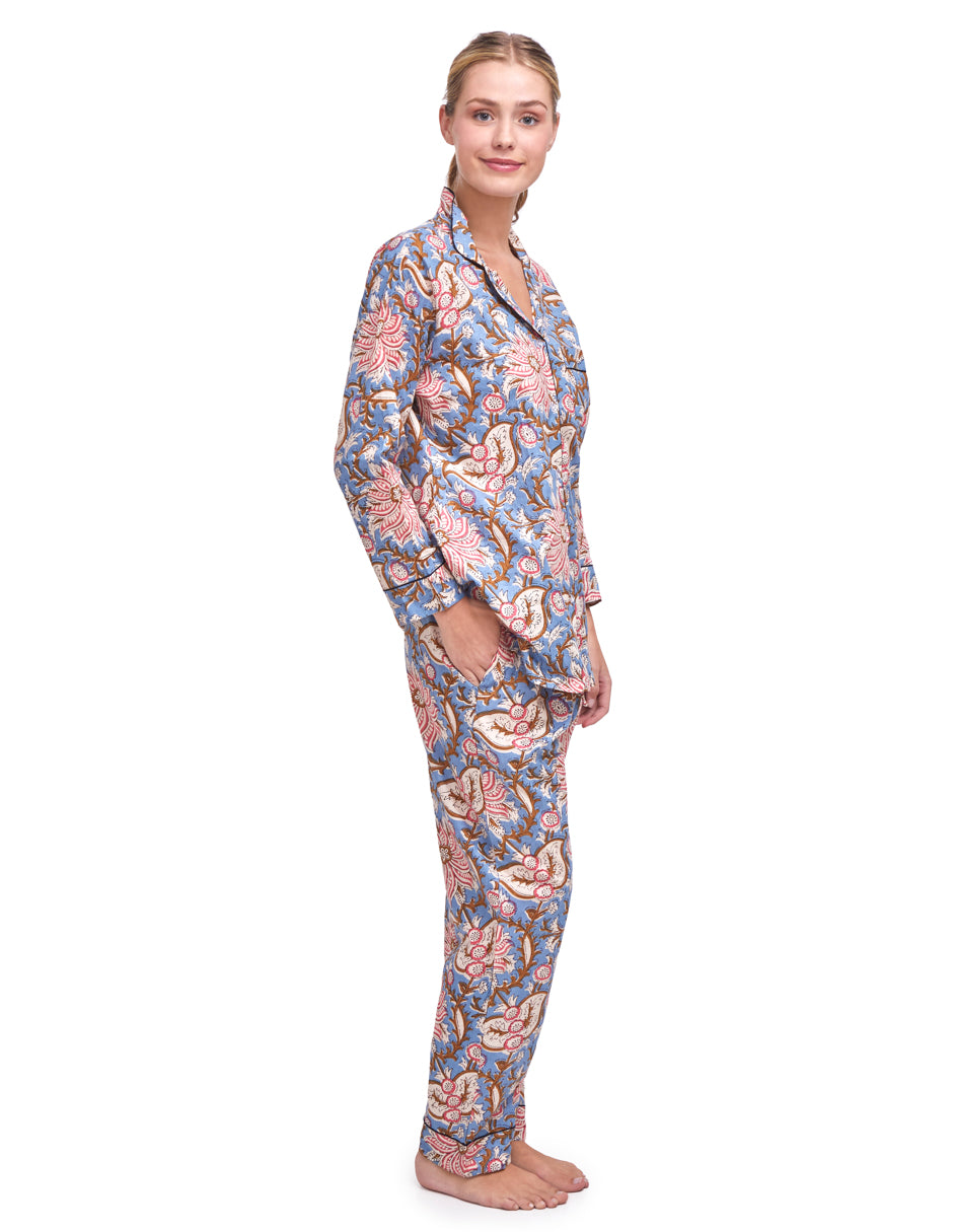 Pijama Algodón Camisa y Pantalón Mujer Estampado Azul y Gris dv2925