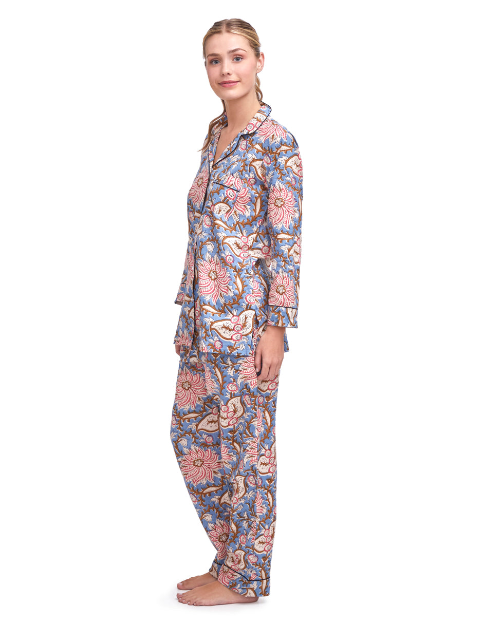 Pijama Algodón Camisa y Pantalón Mujer Estampado Azul y Gris dv2925