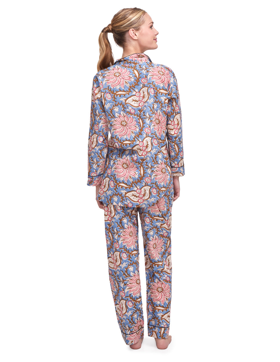 Pijama Algodón Camisa y Pantalón Mujer Estampado Azul y Gris dv2925
