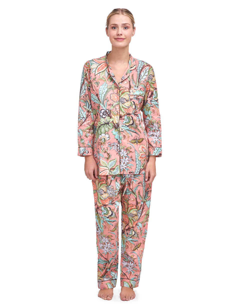 Pijama Algodón Camisa y Pantalón Mujer Estampado Color Salmón dv2925