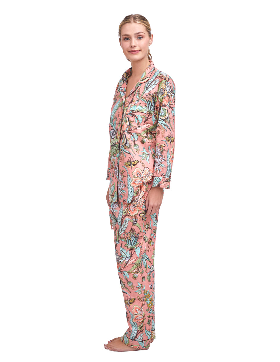 Pijama Algodón Camisa y Pantalón Mujer Estampado Color Salmón dv2925