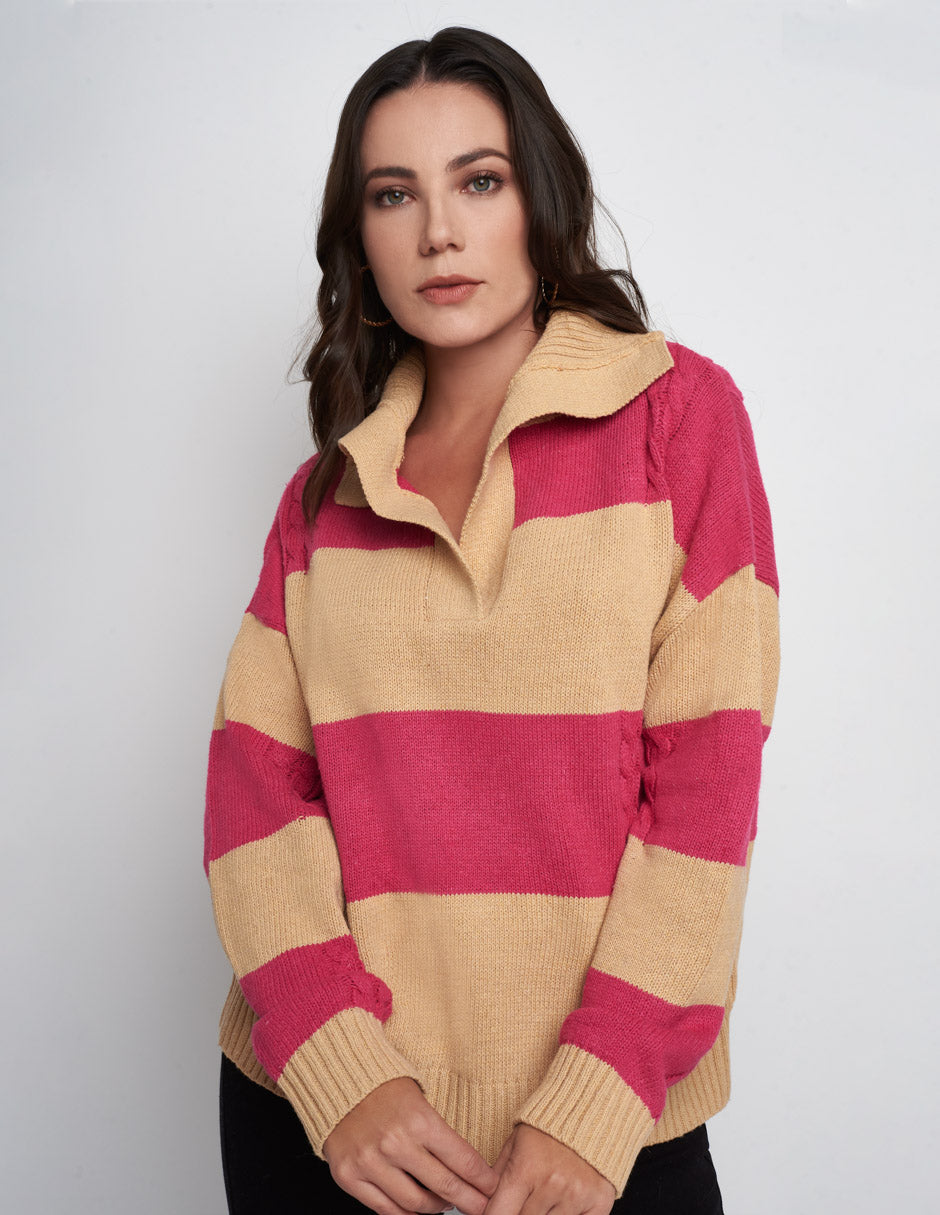 Suéter para mujer de tejido de punto en color beige con rayas, con cuello v y largo es por debajo de la cadera